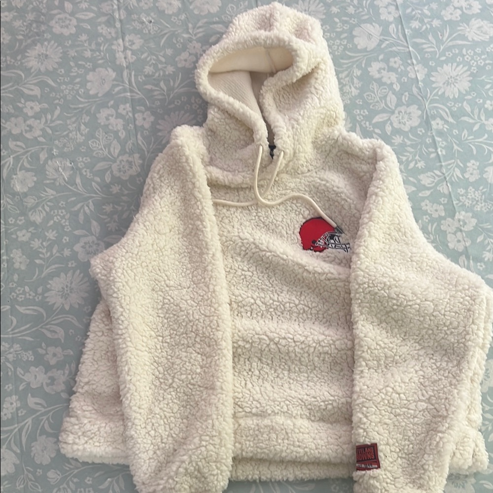 Cream Sherpa Hoodie with Red Logo